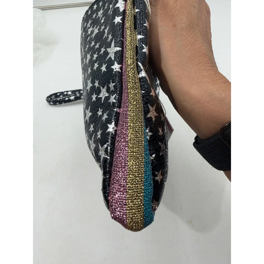 Bari Lynn Black Silver Star Wristlet Pouch Glitter Stripe Bag 11437 NWT